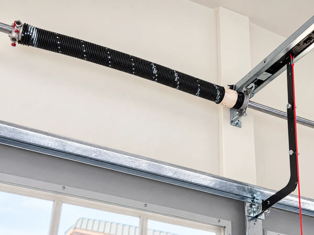 A torsion spring on the metal bar above a closed garage door, with the end bracket and lift cable drum