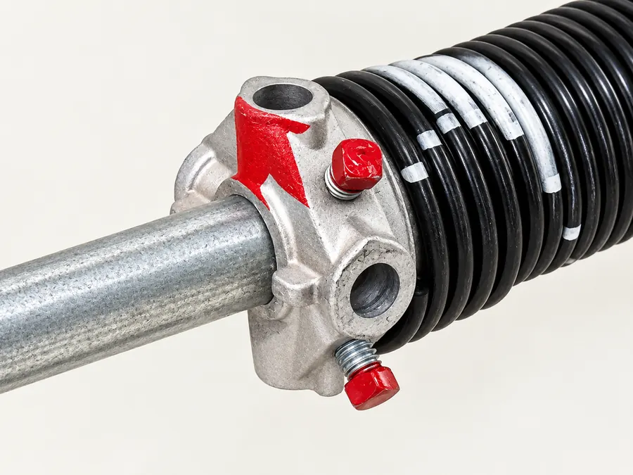 The winding cone at the end of a torsion spring, with two red set screws locking it to the bar